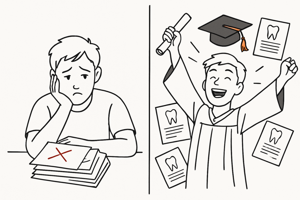 【歯学部　合格】　現役時代に歯学部受験を目指しながらも全敗だった受験生が、専門的な指導を受けて1年間で飛躍的に成績を伸ばし、受験校全校合格を実現した事例